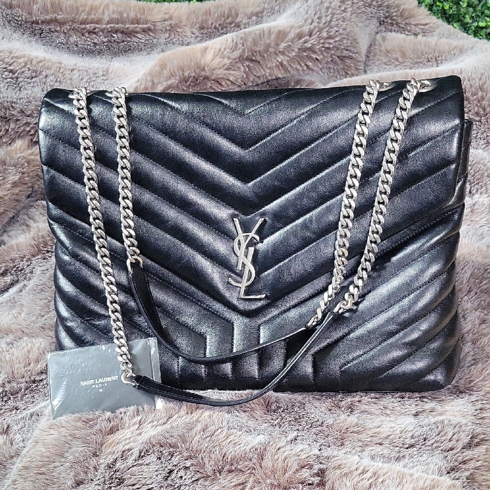 YSL SAINT LAURENT LOULOU LRG Chevron Black Shoulder Bag - With Serial# AUTHENTIC